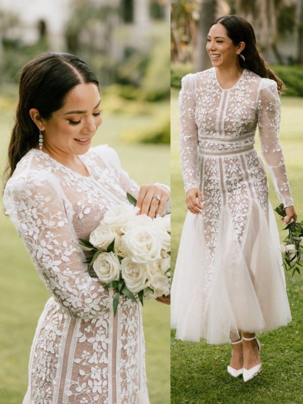 Bronx and Banco Megan Midi Dress White Floral Embroidered Mesh Bridal‎ Size XS
